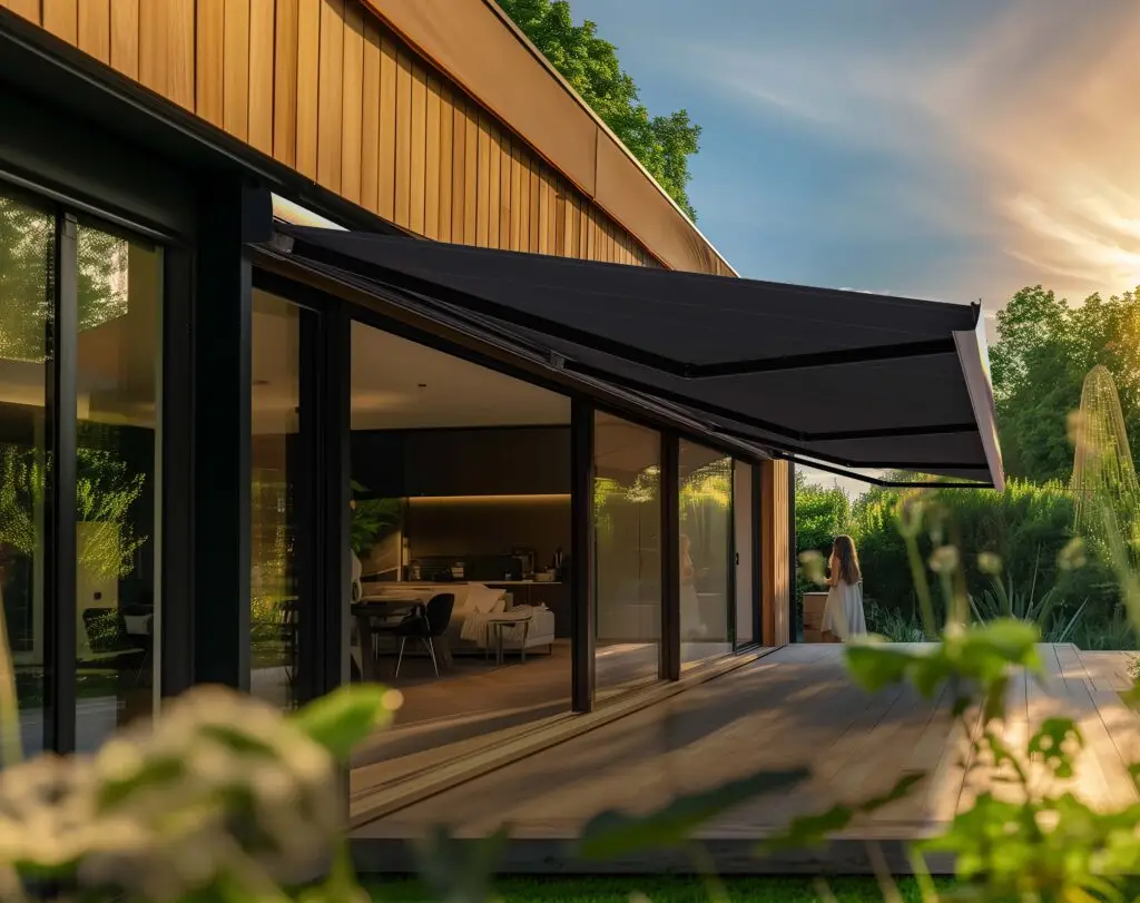 Impressie van een knikarmscherm met een zwart doek, dat volledig is uitgerold.